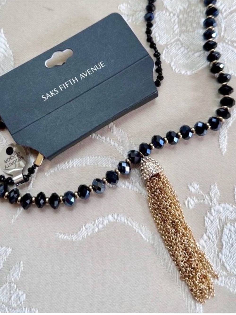 Saks Fifth Avenue Gold Chain Tassel Necklace with Black Beads - Women Jewelry
